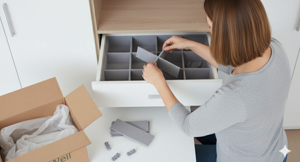Person assembling a wooden shelf with gray brackets.